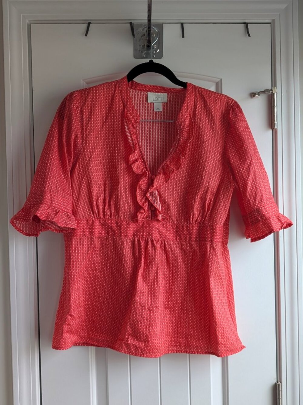 Loft Pink and White Polka Dot V Neck Top Ruffle Trim Sz 14 EUC